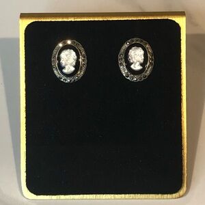 Mother of Pearl Cameo Studs w/ Onyx Background Marcasite Bezel & Sterling Silver